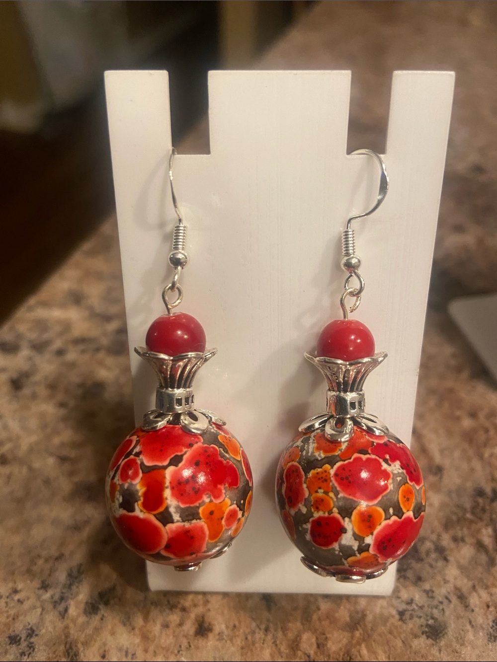 Red Floral Bead Drop Earrings - Women Jewelry